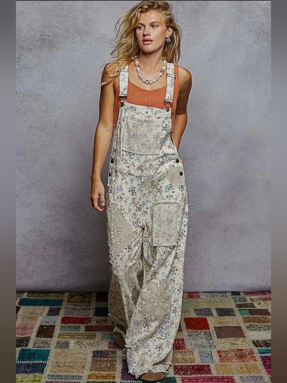 NWT POL Touch of Flowers Crochet Patch Overalls, Cream Floral Patchwork - Picture 12 of 15